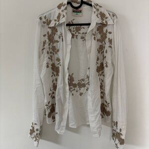 White Shirt with Beige Floral Embroidery